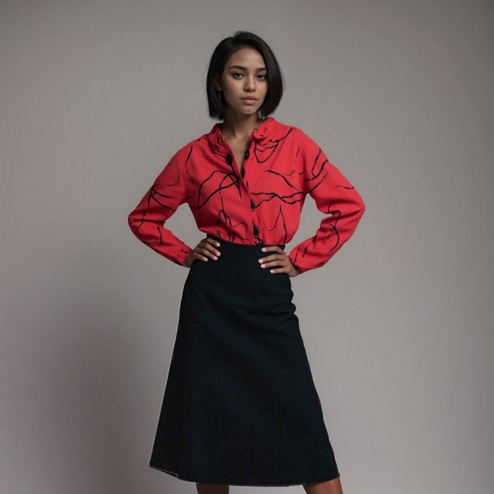 Vintage John Mark Black & Red Abstract Print Button-Down Top Sz M